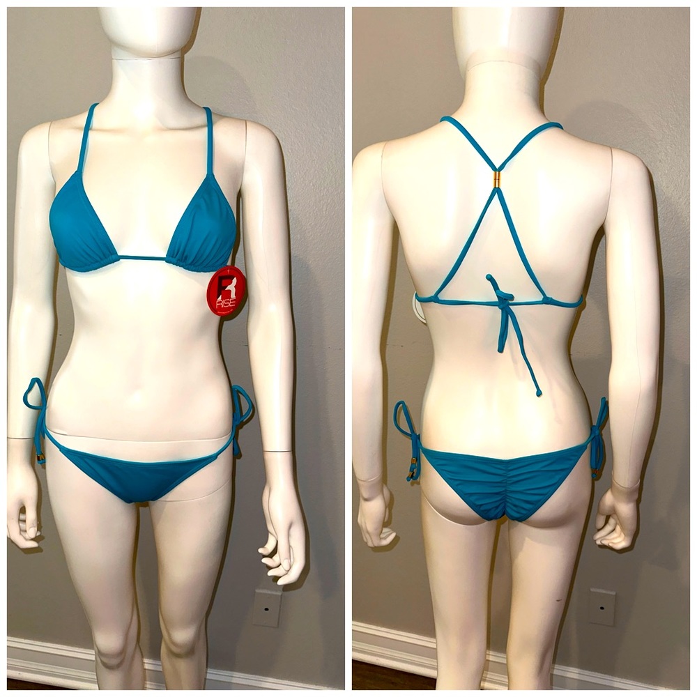 RISE CITY SWIM turquoise triangle halter Brazilian scrunch butt tiny bikini M